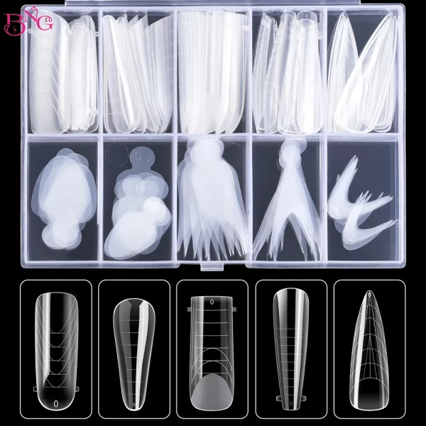 BNG Dual Nail Forms Set Full Cover Nail Extension Tips Coffin Almond Nail System Dual Forms With Silicone French Forma Stickers