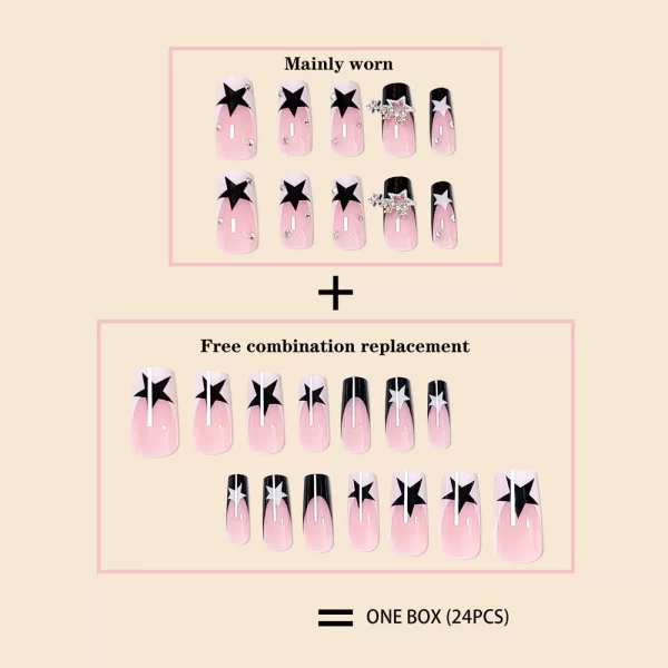 Women Girls 24Pcs Long Square Black French sparkling diamond star pendant Full Coverage Wearable Fake Nail Press on Nail Art - Image 2