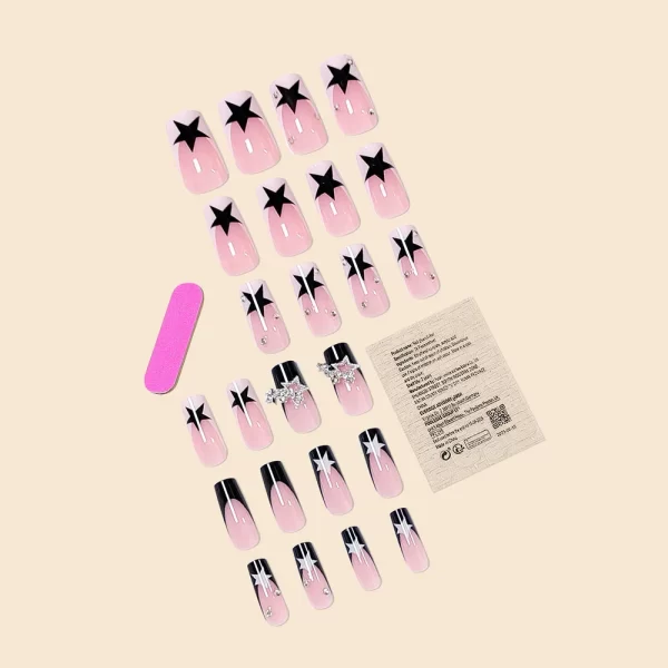 Women Girls 24Pcs Long Square Black French sparkling diamond star pendant Full Coverage Wearable Fake Nail Press on Nail Art - Image 4