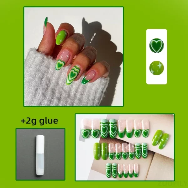 Heallor 24pc Fluorescent Green Nail Tips False Nails with Glue Press on Nail Blue Removable Short Paragraph Manicure Nails Acces - Image 3