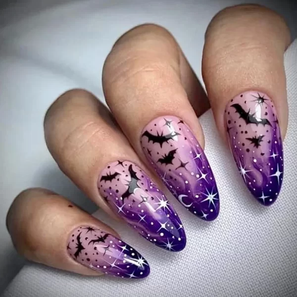 Halloween Stiletto Fake Nails for Women Girls Purple Bat Designs French Press on Nails Wearable Full CoverFalse Nails for Party