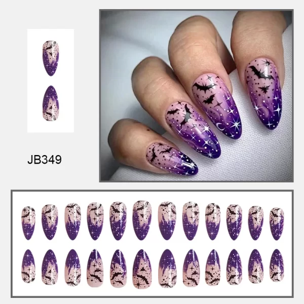 Halloween Stiletto Fake Nails for Women Girls Purple Bat Designs French Press on Nails Wearable Full CoverFalse Nails for Party - Image 2