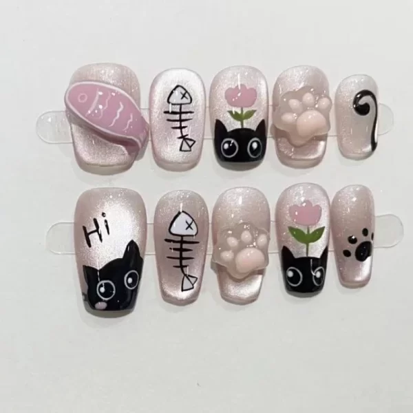 10Pcs Handmade Press on Nails Full Cover Cat Eye Cute Fish And Cats French Ballerina False Nails Wearable Manicure Nail Tips Art