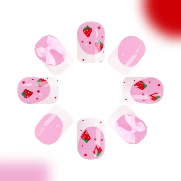 24pcs Red Strawberry Designs Fake Nail Tips 3D Bowknots Decor White French Style Press On Nails Glossy Pink European False Nails - Image 3