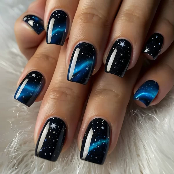 24Pcs/Box Blue False Nails Press on Nails Full Cover Cartoon Black Cat Glitter Sky Moon Stars Design French Wearable Manicure