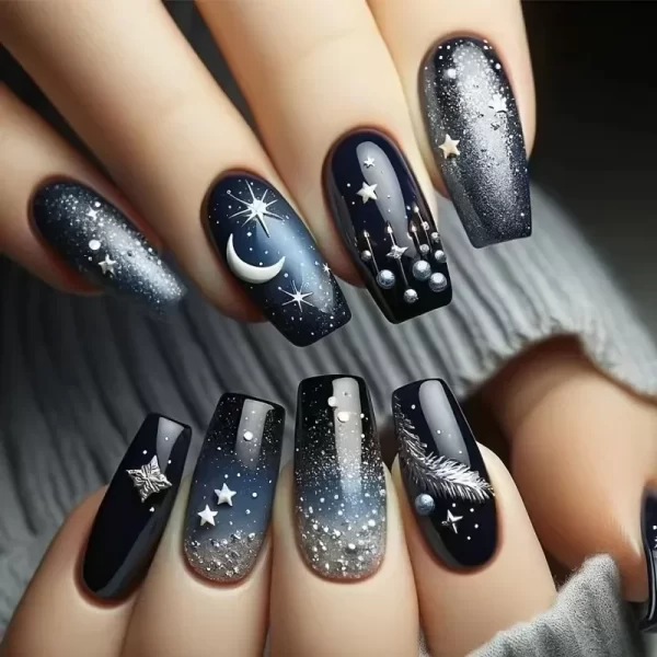 24Pcs/Box Blue False Nails Press on Nails Full Cover Cartoon Black Cat Glitter Sky Moon Stars Design French Wearable Manicure - Image 3