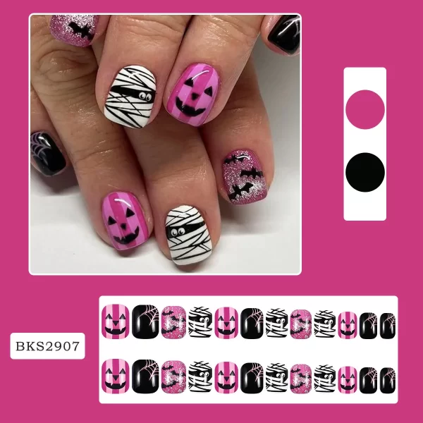 Halloween Press on Nails Square Short Fake Nails with Spiders Web Designs Matte Halloween Acrylic False Nails Bat Press on Nails - Image 2