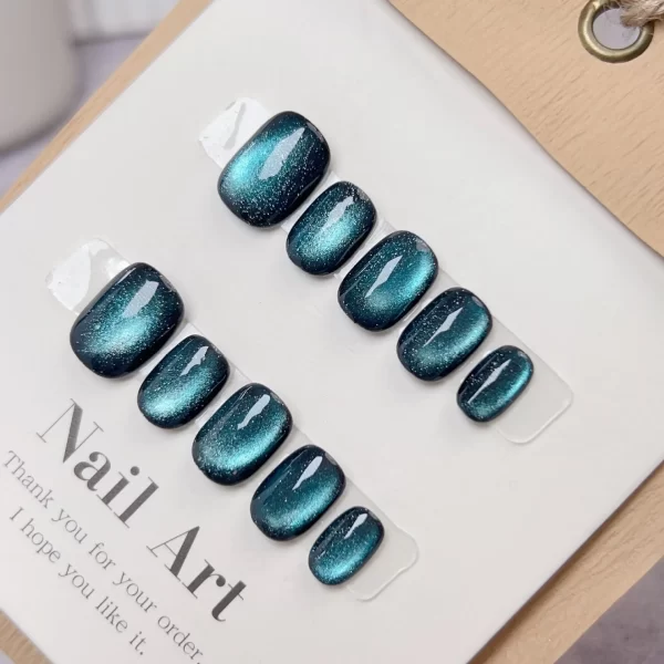 10Pcs Shiny Blue Short Ballerina Handmade Press on Nails Full Cover Cat Eye Design False Nails Manicure Wearable Nail Tips Art - Image 3