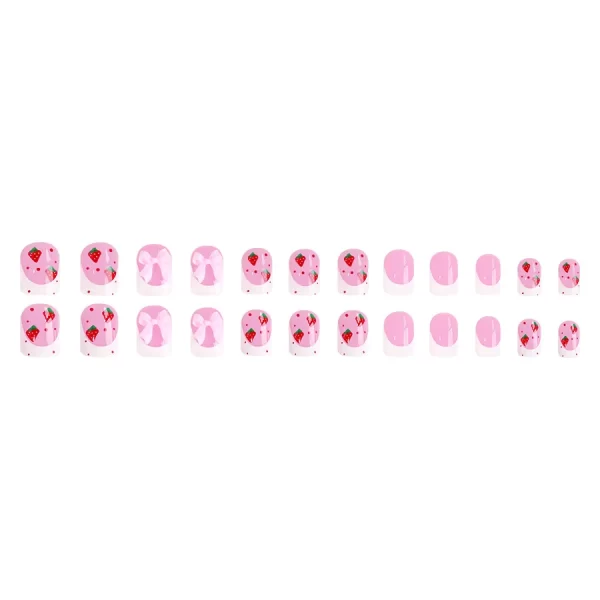 24pcs Red Strawberry Designs Fake Nail Tips 3D Bowknots Decor White French Style Press On Nails Glossy Pink European False Nails - Image 5