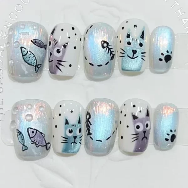 10Pcs Handmade Press on Nails Full Cover Cat Eye Cute Fish And Cats French Ballerina False Nails Wearable Manicure Nail Tips Art - Image 2