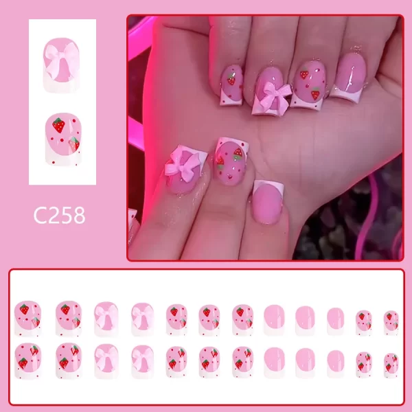 24pcs Red Strawberry Designs Fake Nail Tips 3D Bowknots Decor White French Style Press On Nails Glossy Pink European False Nails - Image 2