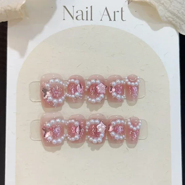 10Pc Handmade French Press on Nails Short Blush bow Diamonds Design False Nails Wearable Manicure Acrylic Full Over Nail Art Tip - Image 3